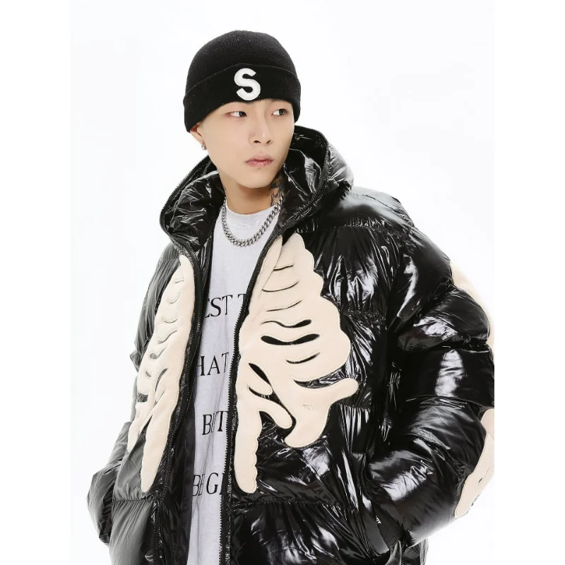 

Winter High-Quality Leather Sense Hooded Cotton Jacket Skull Jacket Men's Hiphop Harajuku Thickening Warm Loose Windproof Jacket