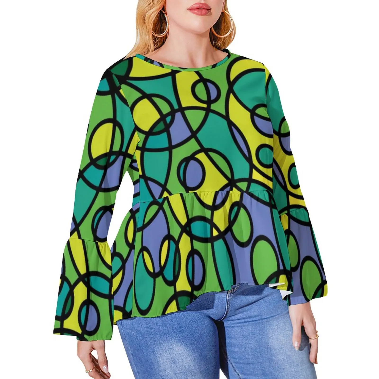 

Abstract Circles T Shirts Colorful Print Street Wear Long Sleeve T Shirt Modern Tees O Neck Printed Clothes Plus Size 6XL