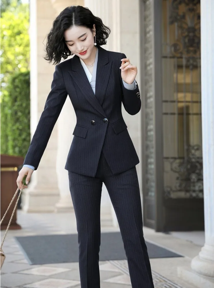 High Quality Fabric Fashion Striped Women Business Suits with Pants and Blazer Coat Professional Ladies Office Work Wear Blazers