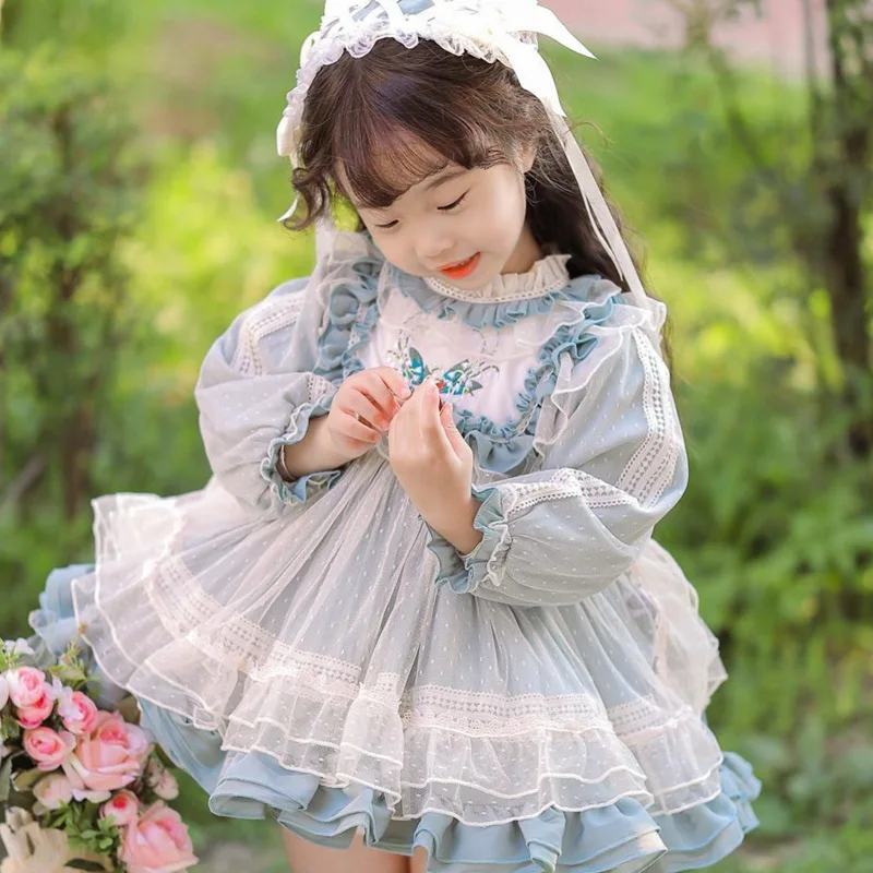 

Spanish Spring Children's Lace Princess Girl Sweet Lolita Set Blue Dress Kawaii Skirt One-year-old Birthday Dress Retro Clothing
