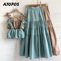 atopos women sweet crop top high waist skirts two piece set summer fashion casual solid long skirt sets elegant female clothes