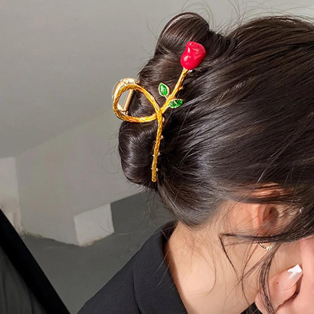 Fashion Red Metal Rose Flower Hairpin New Elegant Back Headwear Personality Temperament Hair Accessories