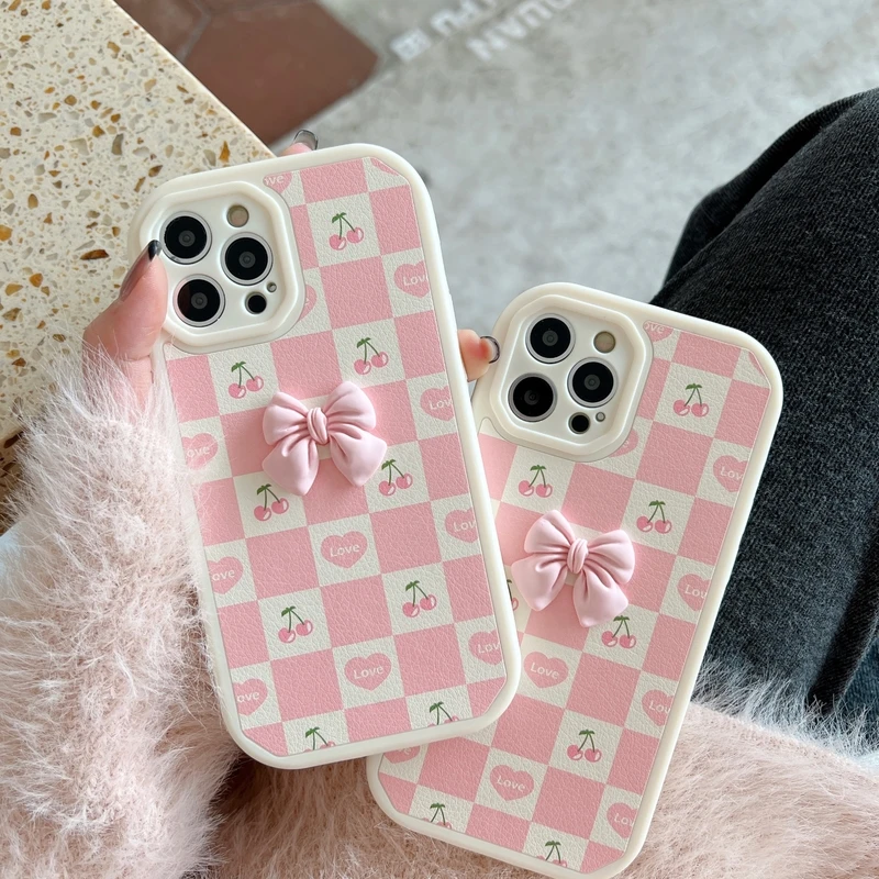 

Cute Pink Bow-knot Love Heart Cherry Korea Phone Case For iPhone 13 12 11 Pro Xs Max X Xr 7 8 Puls SE Shockproof Back Cover