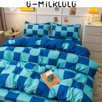geometric lattice checkerboard bedding set sheet set single double queen king elastic pillowcase blue bed comforters duvet cover