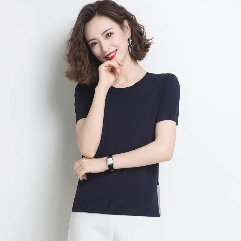 

Summer new round neck short sleeve stitching knitted T-shirt women gray