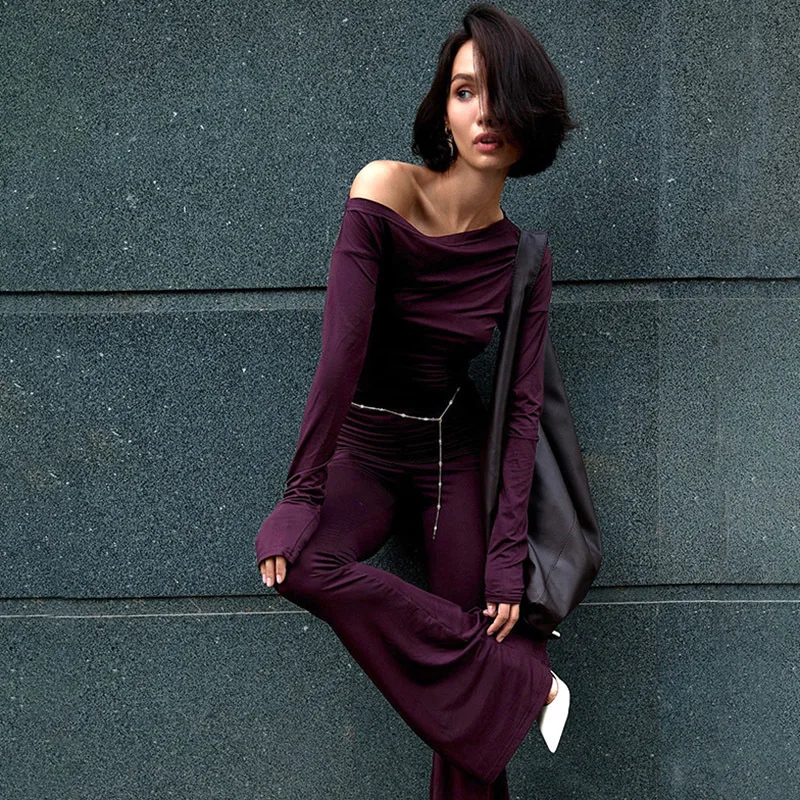 Apprabant Fashionable Sloping Shoulders Solid Trousers Set Long Sleeve Sexy Tight Fit Tops Streetwear Micro Flare Pants Suit