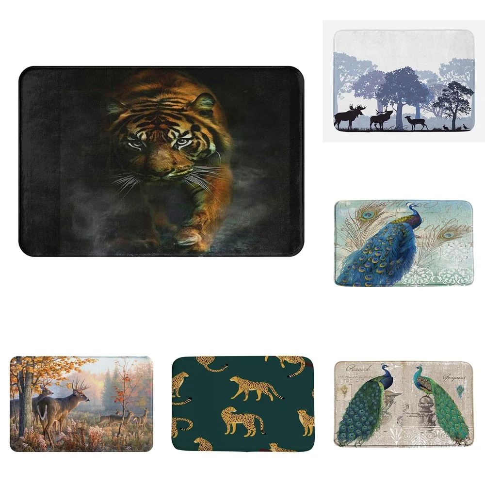 

Vintage Peacock Bath Mats Farmhouse Animal Forest Deer Bathroom Rugs Shower Floor Pads Tiger Leopard Carpet Kitchen Doormat Home