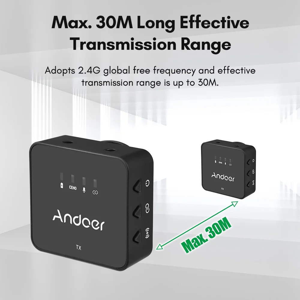 Andoer One-Trigger-Two 2.4G Wireless Microphone System Clip On Microphone 30M Range with  Audio Cable for Smartphone Camera Vlog