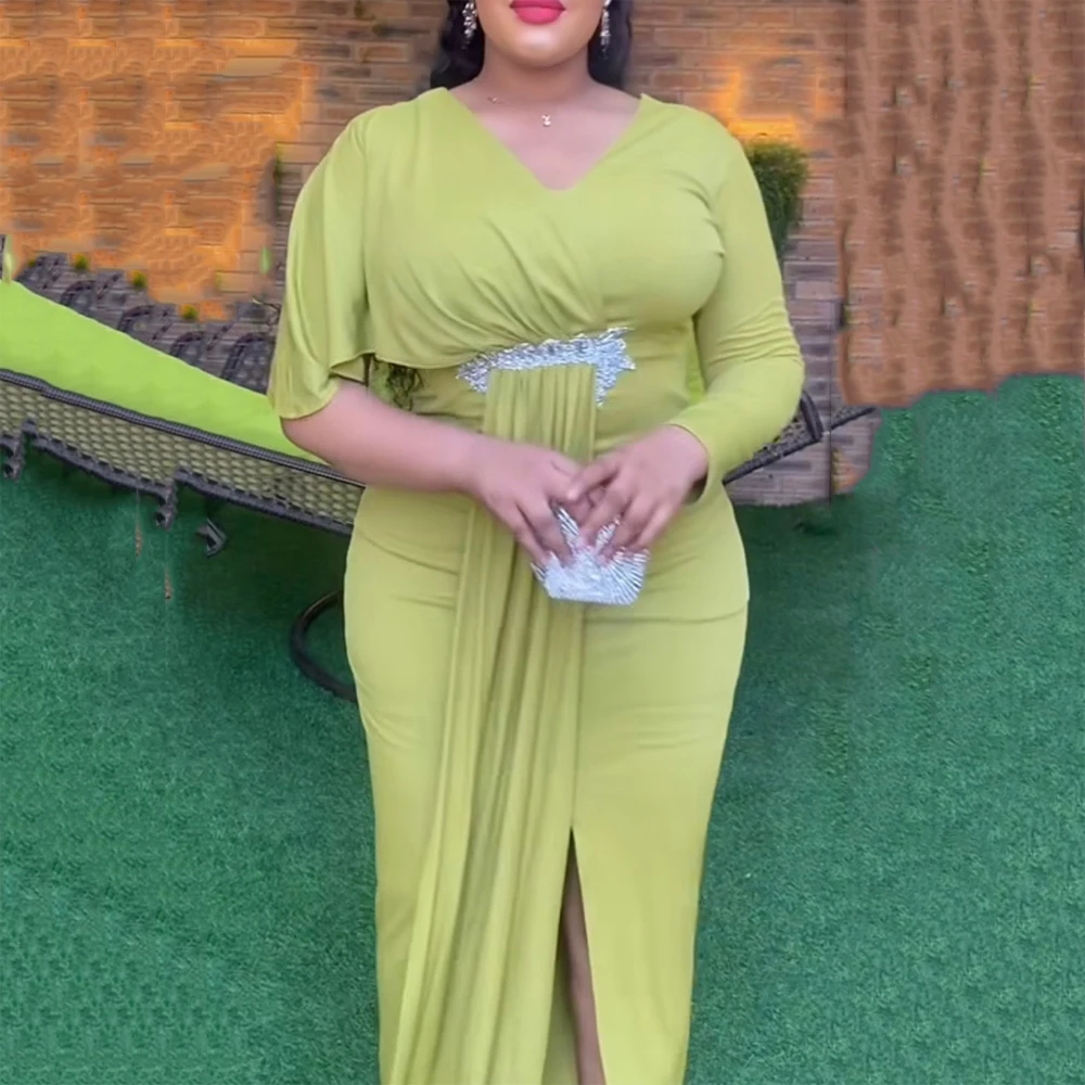 

Women Dresses Elegant for Office Ladies V Neck Short Sleeve High Waisted Front Split Floor Length Fashion Birthday Party Dress
