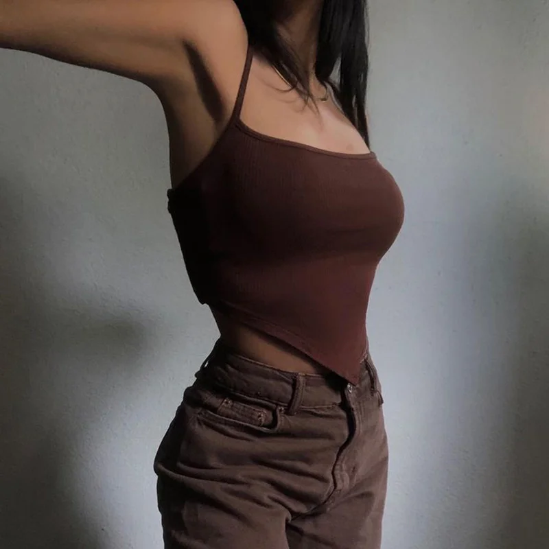 

Summer Sexy Crop Top Women Drawstring Top Ribbed Summer Women's Tank Top Backless Solid Brown Pullover Sleeveless Tee New