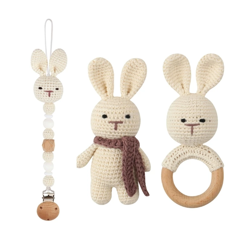 

Baby Pacifier Clip Crochet Rabbit Handbell Teething Rattle Dummy Chain Boy Girl Unisex Rattle Teether Infant Shower Gift