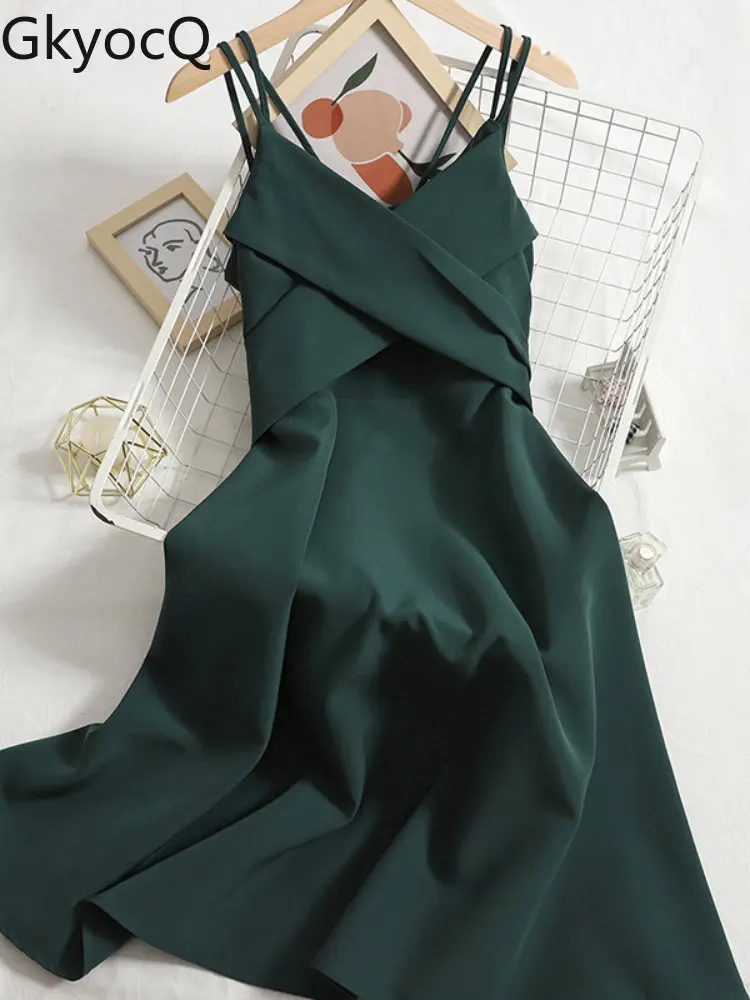 

Women Cross Strap V-neck Slip High Waist Dress With Double Shoulders Spring Ladies Slimming Solid A-line Skirt 2022 New Dress