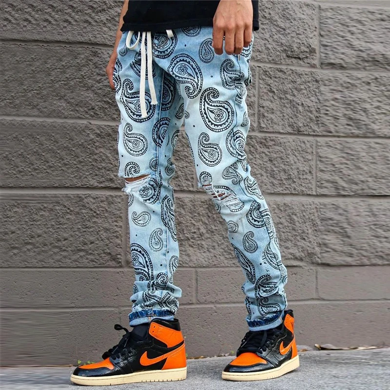 Fashion Style Streetwear Hip Hop Denim Pants High Quality Ripped Stacked jeans Custom Slim Fit jacquard Printing Jeans for Men