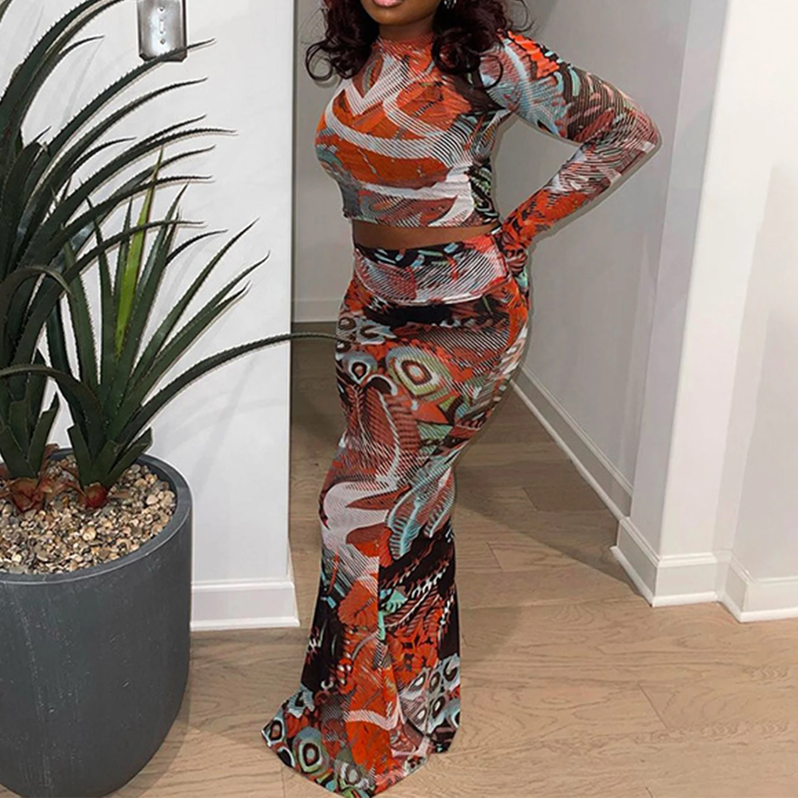 

Women Crop Tops+Long Skirts Printed Mesh Skinny Top+Maxi Skirt Fashion 2 Piece Sets Long Sleeved Bodycon Matching Clubwear