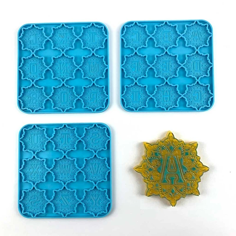 

69HB 3 Pcs Alphabet Mandala Phone Sticker Decorations Epoxy Resin Mold Keychain Badge Silicone Mould DIY Crafts Jewelry Pendant