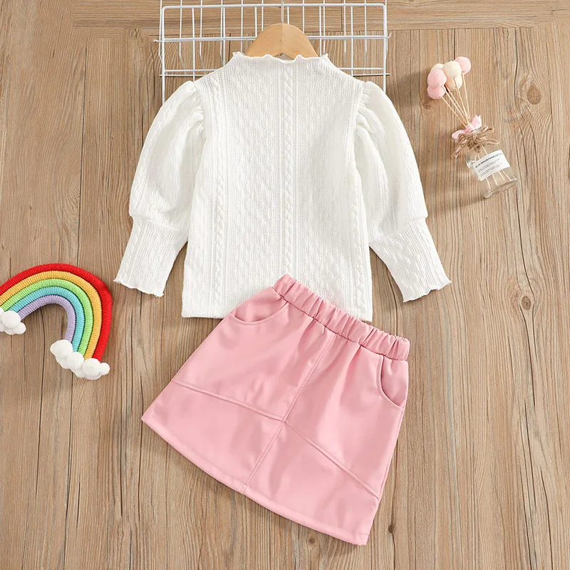 

Girls' Solid Color Pattern Pullover Two-piece A-line Skirt with Shrinking Ribs and Open Pockets Girls Clothing Set Baby Clothes
