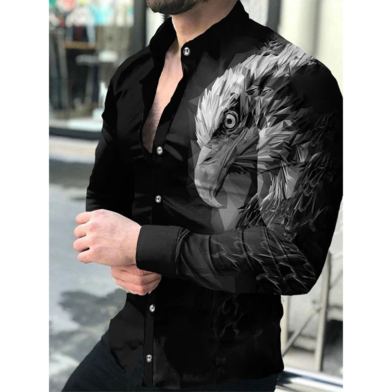 

Luxury Social Men Shirts Turn-down Collar Buttoned Shirt Casual Eagle Print Long Sleeve Tops Men's Clothing Prom Party Cardigan