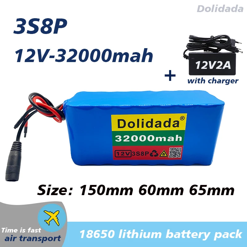 

32000mAh 12V Battery pack Large capacity 3s8p 12V 18650 lithium battery protection board 12v 32000mAh capacity with charger