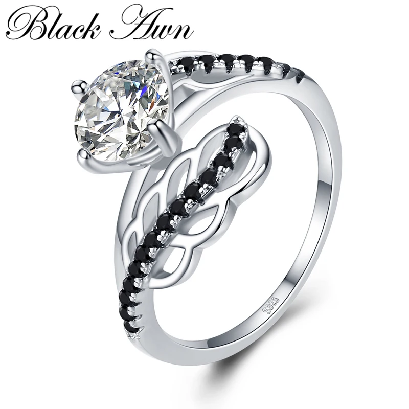 

[BLACK AWN] Silver Color Jewelry Finger Ring Leaf Black Spinel Rings for Women Female Bague Fashion Jewelry G094