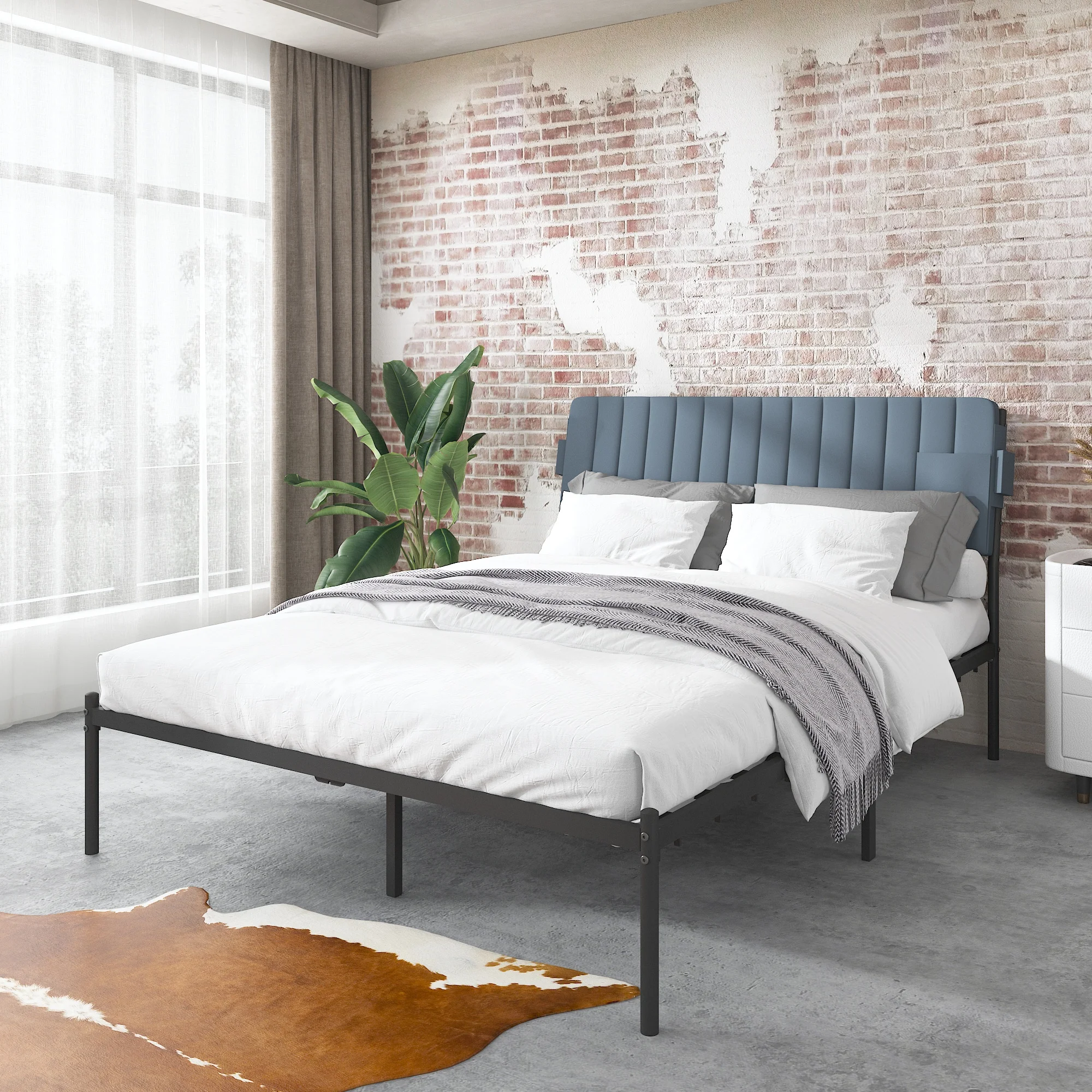 

Upholstered Platform Bed Frame Queen Size with Headboard, Grey