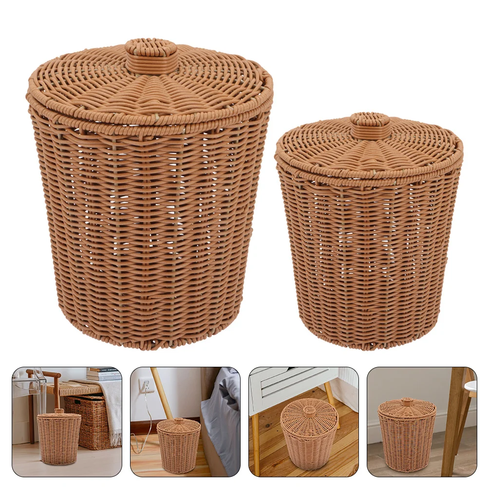 

2pcs Household Simulation Rattan Storage Bucket Creative Storage Bucket with Lid