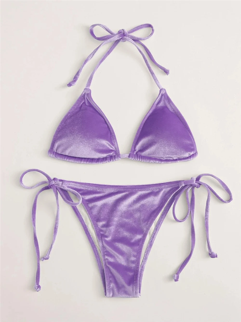 

Purple Velvet String Halter Bikinis Mujer 2022 Sexy Triangle Mini Swimsuit Women Micro Thong Swimwear 2 Piece Bikini Set Biquini
