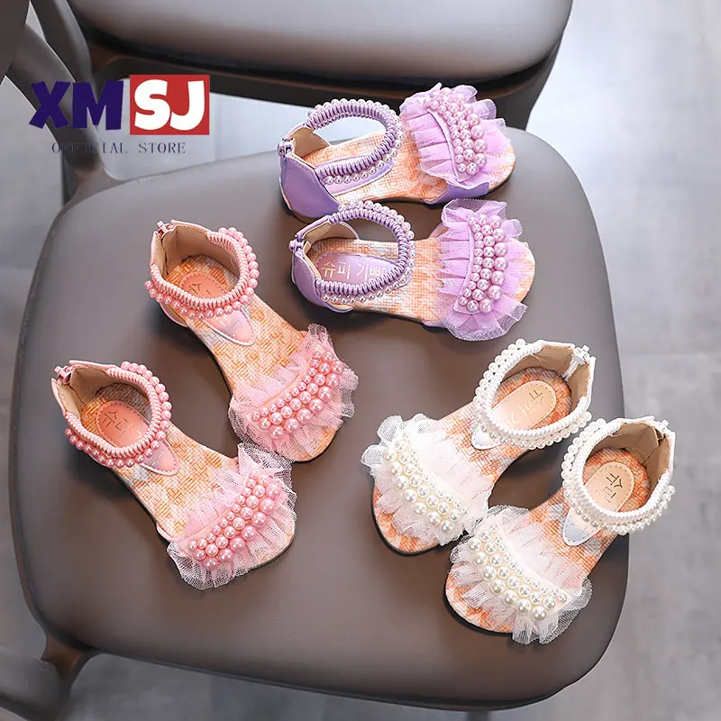 Girl's Sandals Lace Pearl Zipper Sweet Luxury Summer Children Sliders Open Toe 21-36 Toddler Fashion Soft Dance Kids Sliders