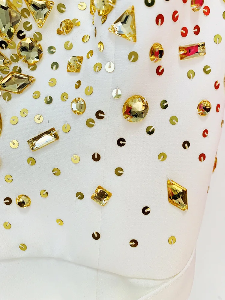 2023 New Arrival Women Sleeveless Sexy Halter White Rhinestones Slim Fashion Jumpsuit Celebrity Red Carpet Wear High Quality
