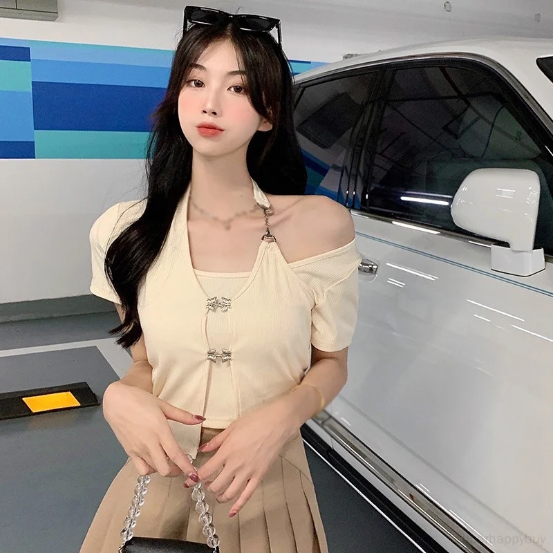 

Футболка женская однотонная с коротким рукавом, короткий облегающий топ с воротником-халтер, с имитацией под золото, на лето