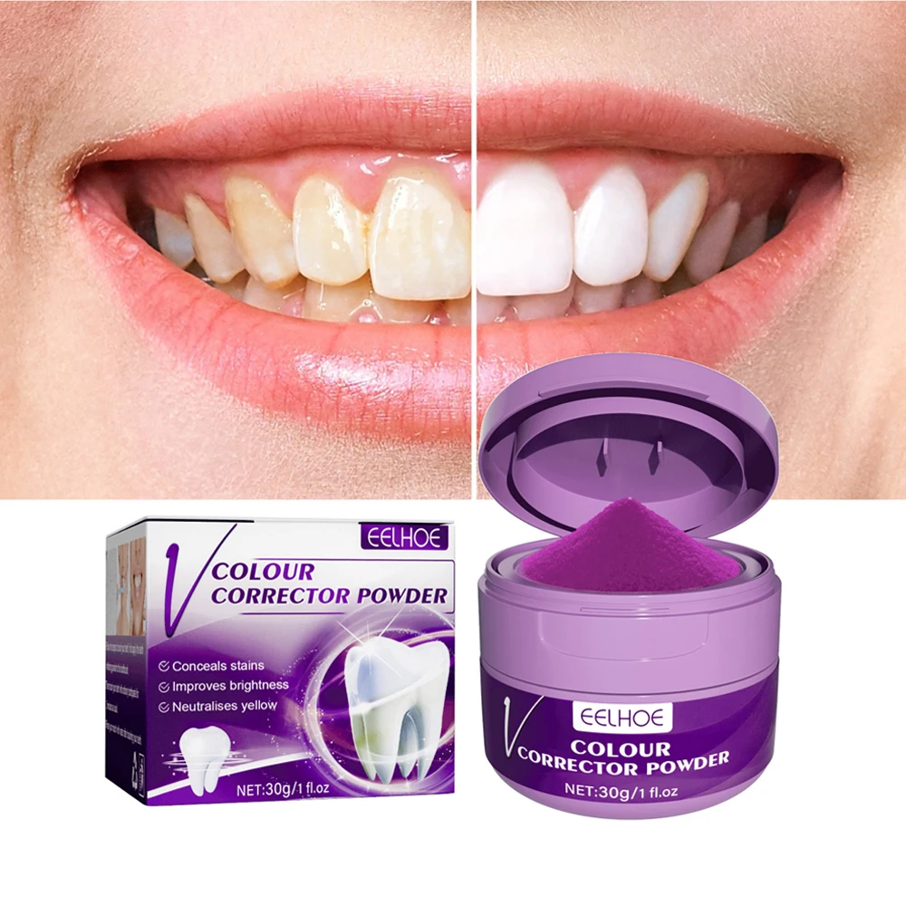 

V34 Purple Teeth Whitening Powder Odour Yellow Stains Tartar Removal Fresh Breath Dental Cleaning Color Corrector Tooth Whitener