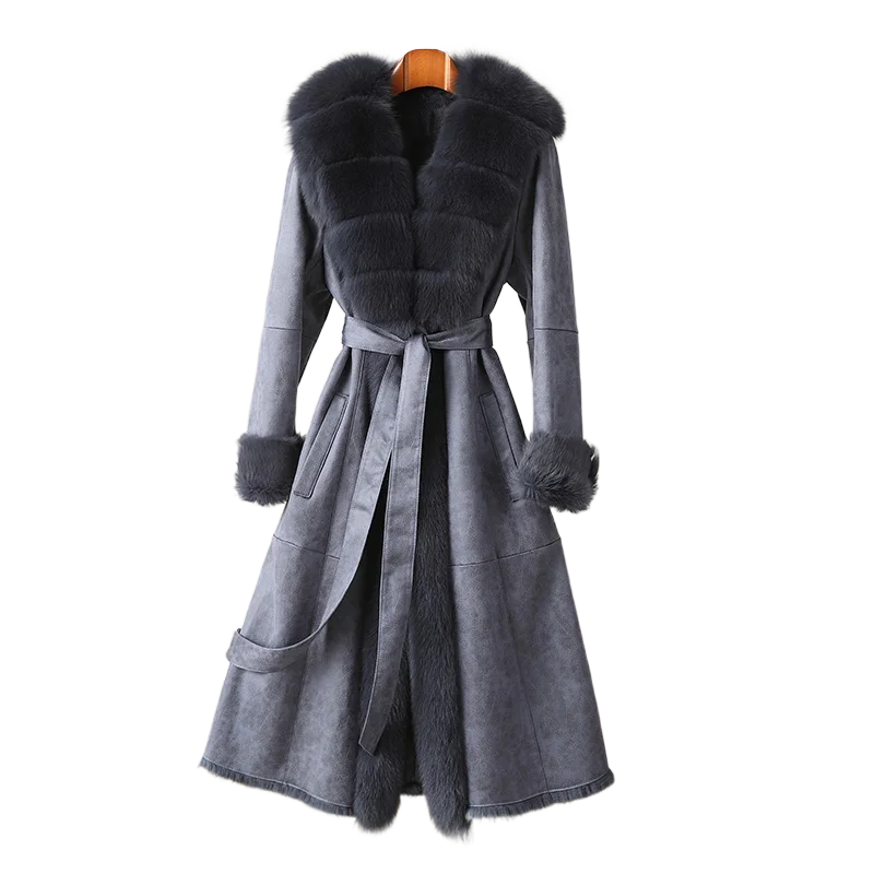 

Новинка 2021, цельные меховые пальто из кроличьей кожи, женская меховая одежда, средней длины, пальто с воротником из лисьего меха, теплые мехо...