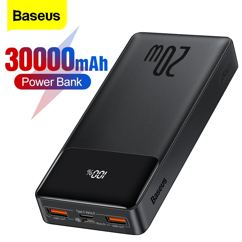Baseus 30000mAh Power Bank Portable Charger External Battery PD 20W Fast Charging Pack Powerbank For Phone Xiaomi mi PoverBank