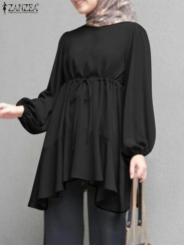 

Модная однотонная мусульманская блузка ZANZEA, женская рубашка с круглым вырезом и пышными рукавами, женские элегантные дубайские блузы, Повседневная Туника, топы