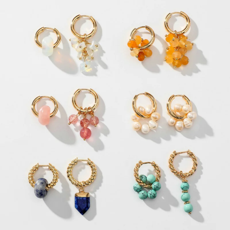 

VG 6 YM Ethnic Handmade Natural Stone Beads Drop Earrings for Women Golden Color Stainless Steel Circle Huggie Jewelry Bijoux