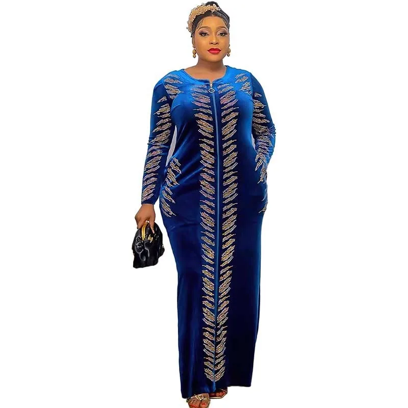 

Корейское бархатное длинное Африканское платье со стразами для женщин, модная мусульманская абайя, приталенное Вечернее Платье макси с дли...