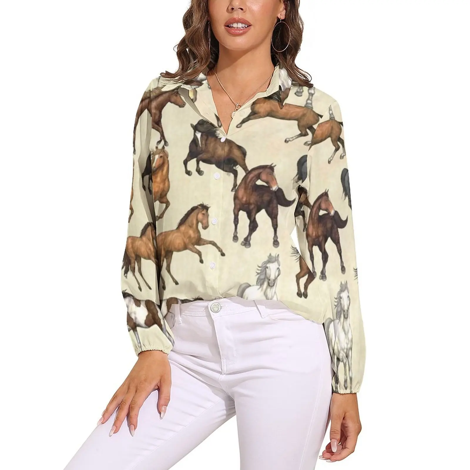 

Sunset Horse Blouse Horses Riding Funny Pretty Custom Blouses Female Korean Fashion Shirt Spring Long-Sleeve Oversized Top