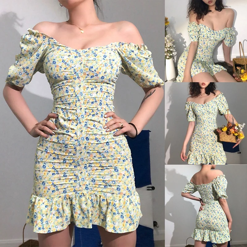 

Women's Fitted Height Waist Bag Hip Fashion Floral Ruffle Dress Green