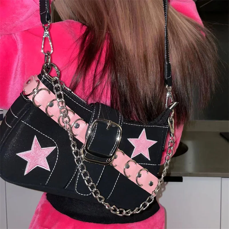 

Japanese 2023 Cool Dark Harajuku Style Denim Bag Pink Star Metal Chain Women's Bag Underarm Bag Tote Bag Purses Handbags