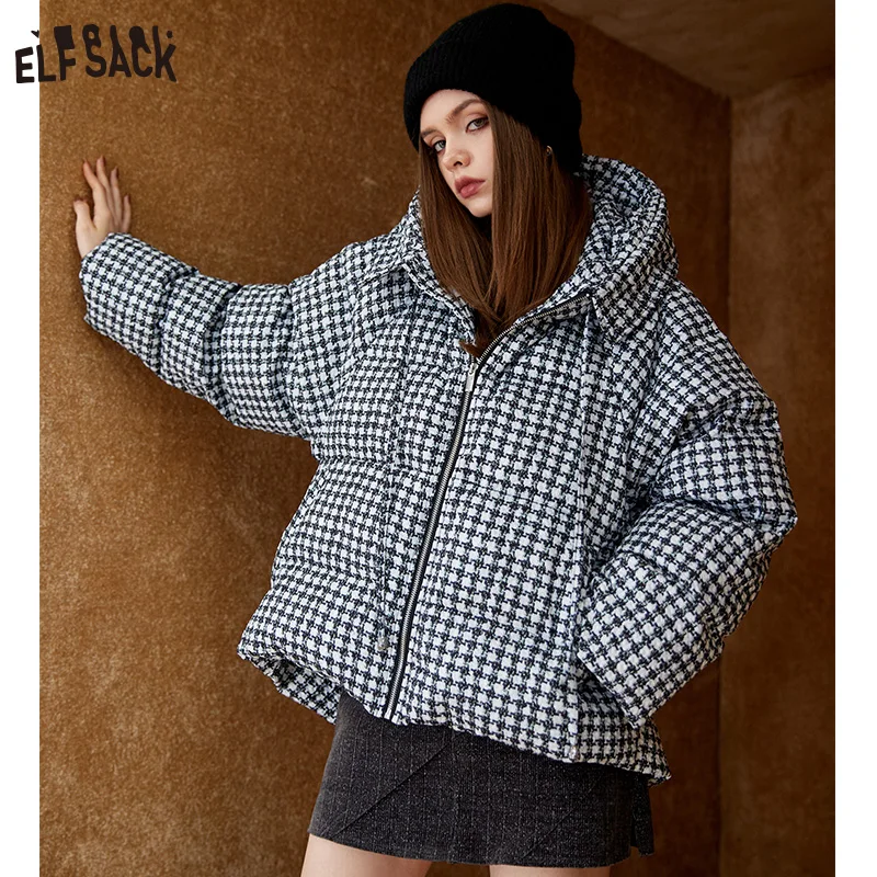 ELFSACK Black and White Checked Short Down Jacket Women 2022 Winter Minimalist Coats