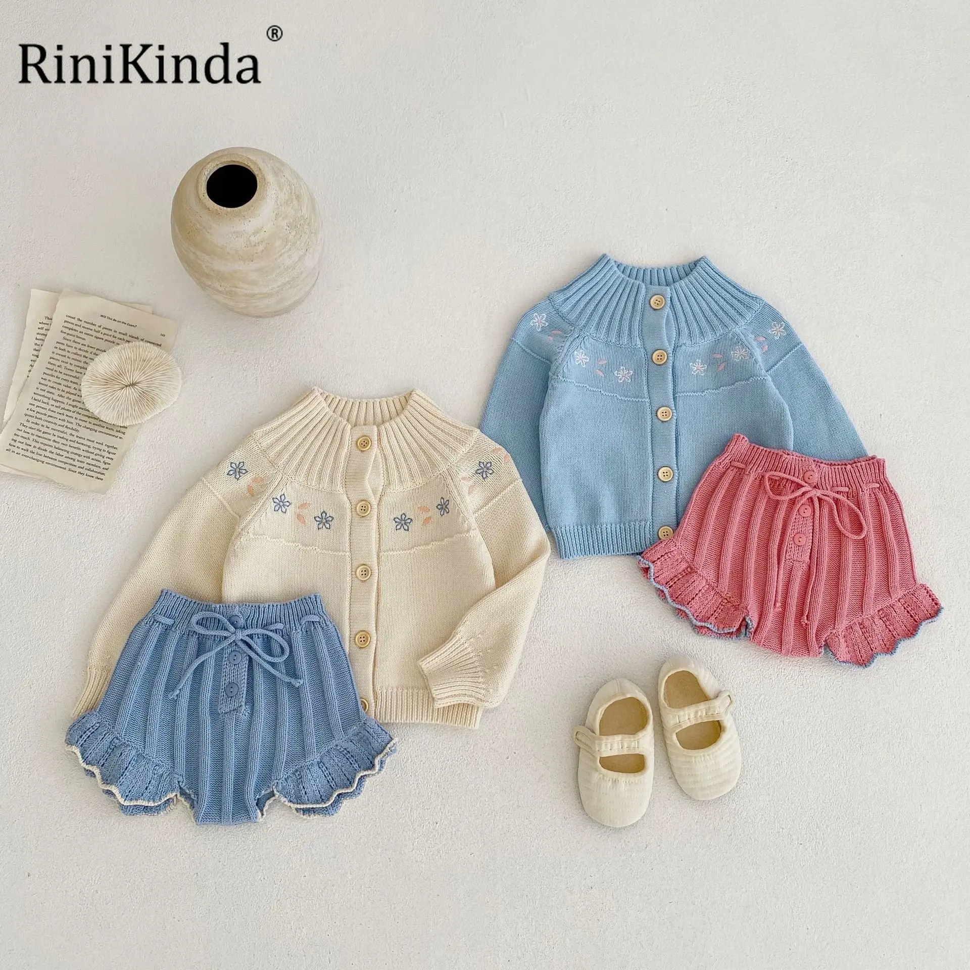 

RiniKinda 2022 Autumn Knitted Suits Baby Kids Clothes Sets Sweater Girls Sets Cardigan Sweater+Ruffles Short 2Pcs Kids Suits