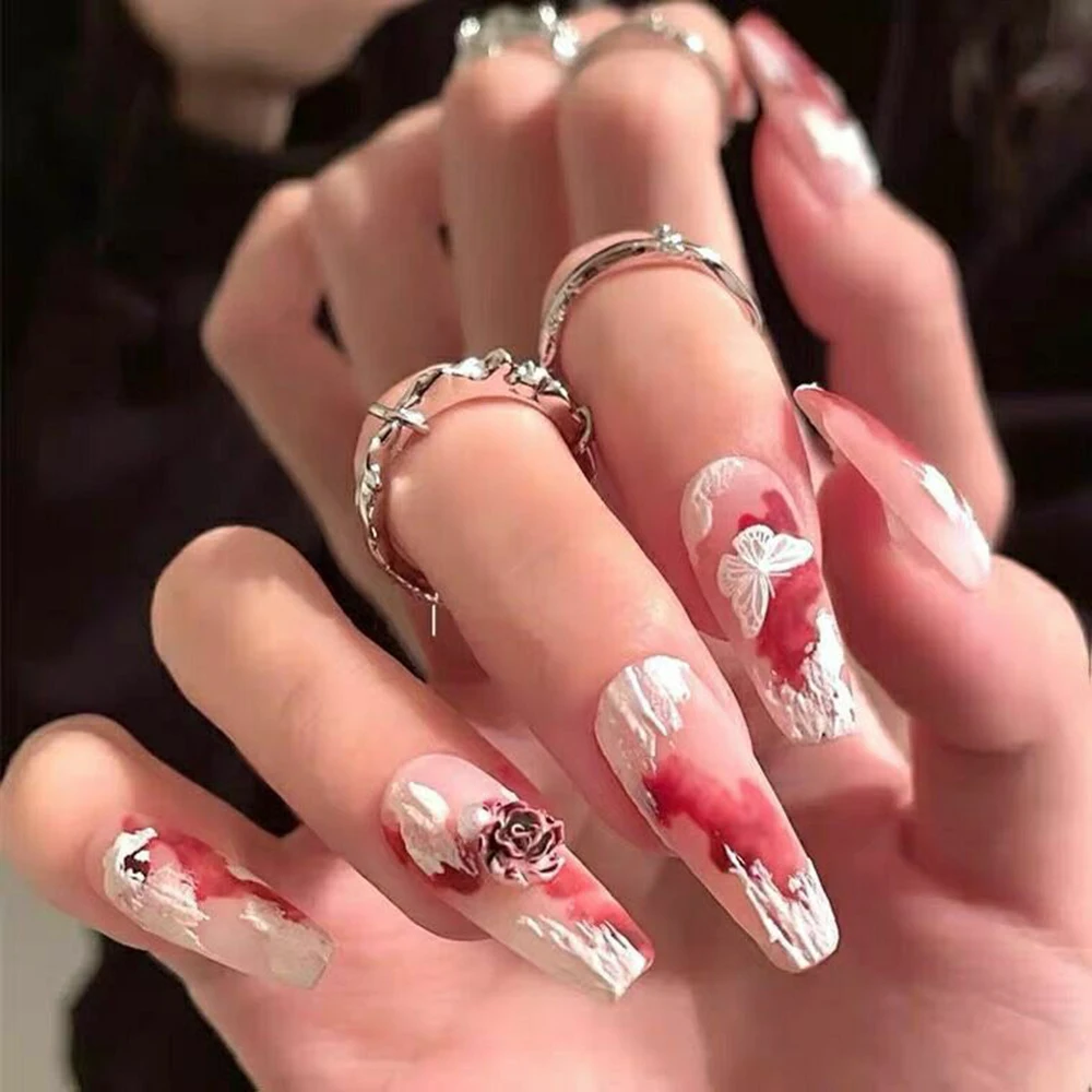 

24PCS Red Butterfly Fakes Nails Long Pointed Head Sweet Style Artificial Nails