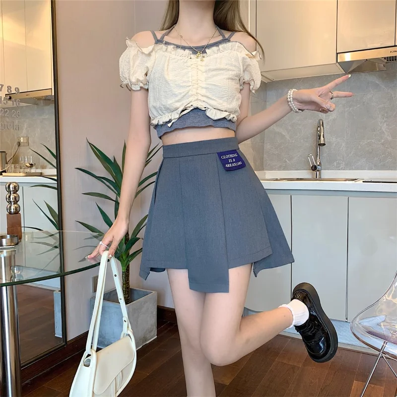 

Off Shoulder Top for Women's Summer Short Bubble Sleeve Irregular Mini Skirt Three Piece Matching Set Gothic Girl Clothing