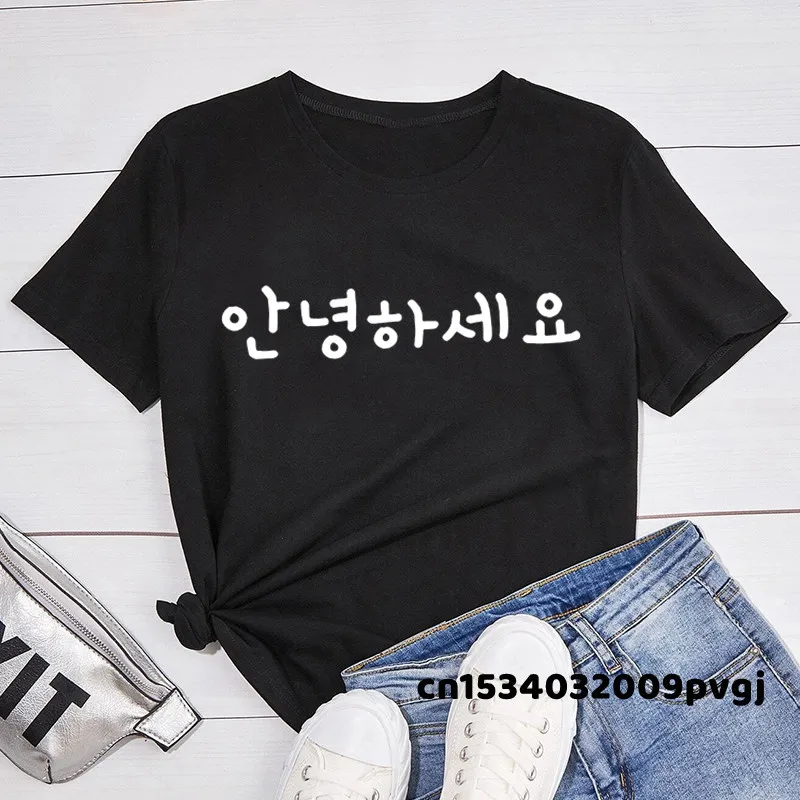 

HELLO Korean Hangul Annyeonghaseyo Word T-Shirt Women Kpop Fashion T-shirts Harajuku Summer Short Sleeve Kawaii Clothes
