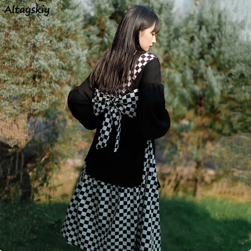 

Long Sleeve Dress Women All-match Vintage College Elegant Leisure Female O-neck Plaid Patchwork Cozy Loose Fashion New Spring