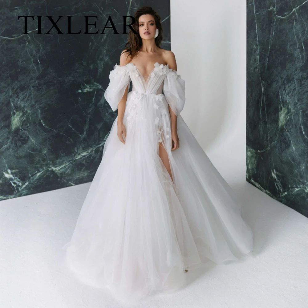 

Doymeny Elegant Wedding Dresses V-Neck Organza 3D Flower Sequined Detachable Sleeves High Split Side Court 2023 Robe Mariée
