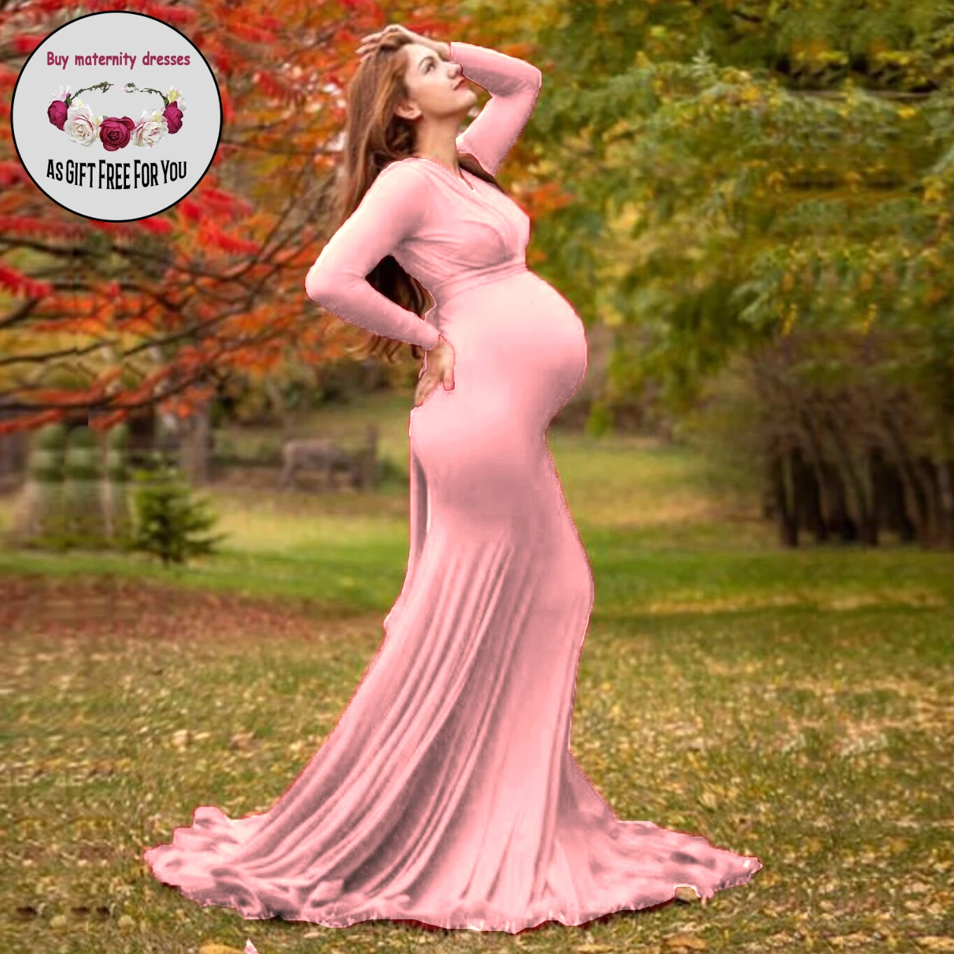 Women  Deep V-neck Pregnant Dress Baby Shower   Long Sleeve Pregnant Dresses  maternity dress for photography