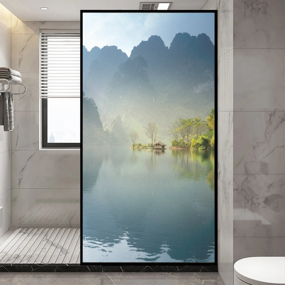 Стеклянное окно матовая пленка для конфиденциальности пейзаж озера стеклянной