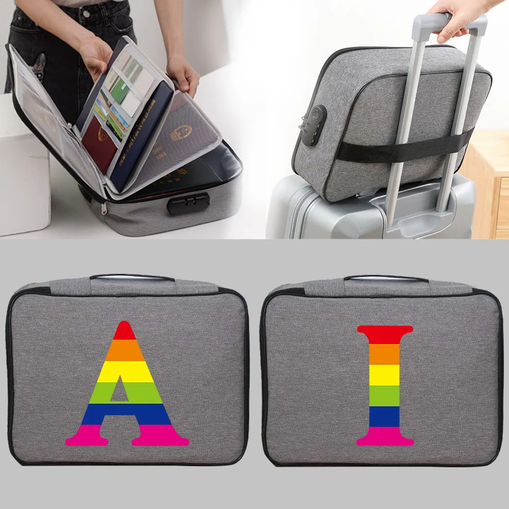 

Large Capacity Multi-layer Document Tickets Storage Bag Certificate File Organizer Case Rainbow Letter Print Passport Briefcase