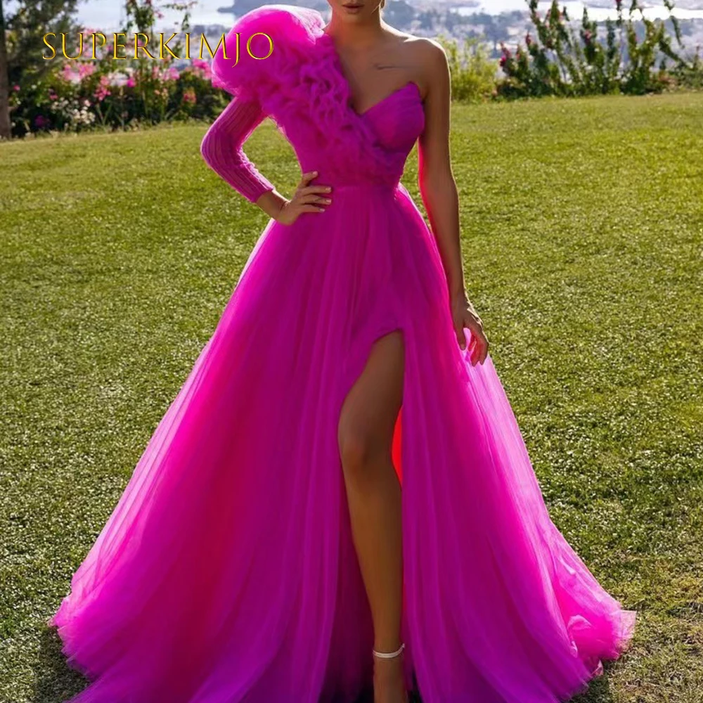 

SuperKimJo Robe De Bal Hot Pink Tulle Prom Dresses 2022 One Shoulder Elegant Prom Gown 2023 Robe De Soiree Femme Pour Mariage