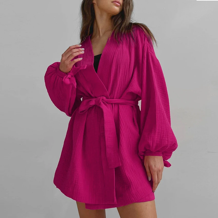 

2023 New Spring Summer Women Two Pieces Shorts Sets V-Neck Lantern Sleeve Sashes Tops Casual Elastic Waist Wide Shorts Suits